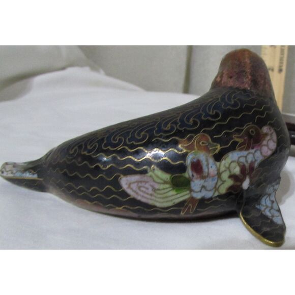 Vintage Cloisonne Chinese Marine Seal Sea Lion Figurine wood stand Marine life - Picture 5 of 8